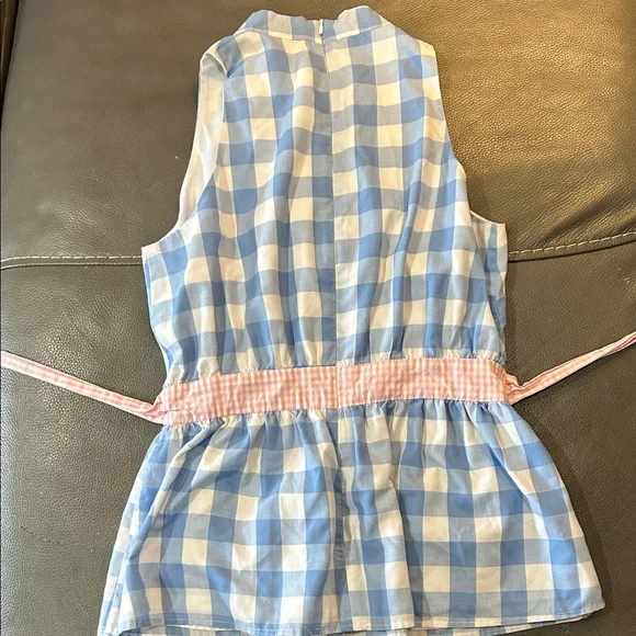 Blue and White Checkered Sleeveless Top with Pink Belt. MADE IN USA. Size 4 - Picture 3 of 7